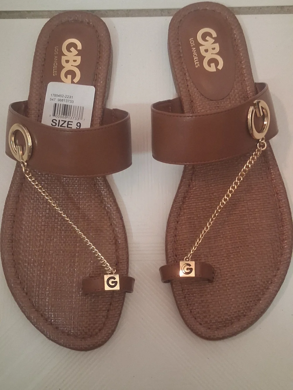 G By Guess Brown Chain-Accent Slide Sandals